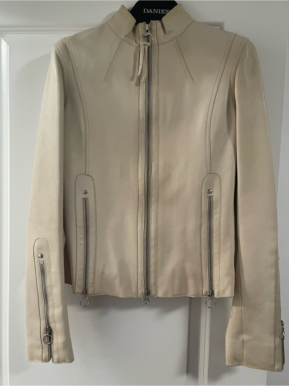 Vintage Leather Zip-Front Jacket in Cream